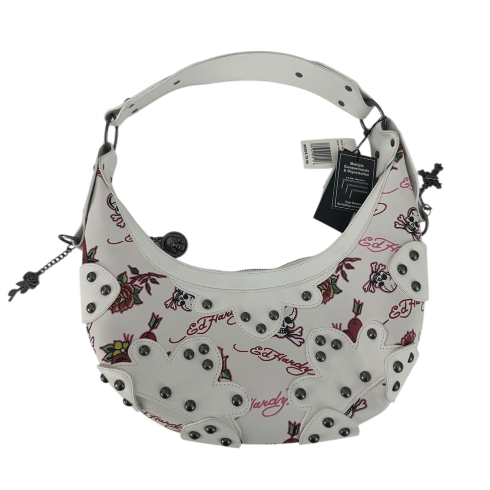 Ed Hardy White Floral Studded Shoulder Bag